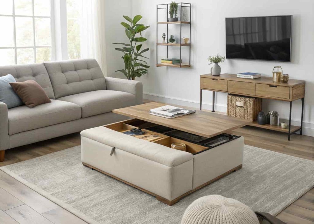 Minimalist living room with a large storage ottoman as a coffee table, a sleek sofa with hidden storage, and a slim wooden console against the wall — practical and stylish small living space, clean home interior.
