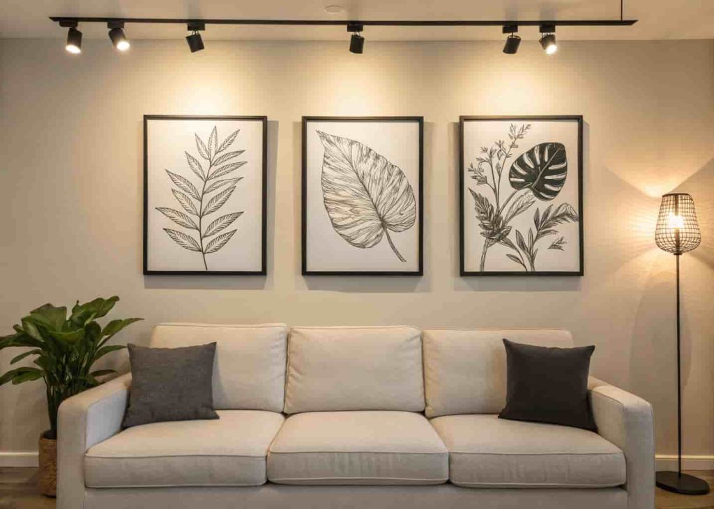 A minimalist gallery wall with three simple black-framed prints — one botanical illustration, one abstract line art, and one black and white photo — arranged neatly above a linen sofa with warm lighting and neutral walls.