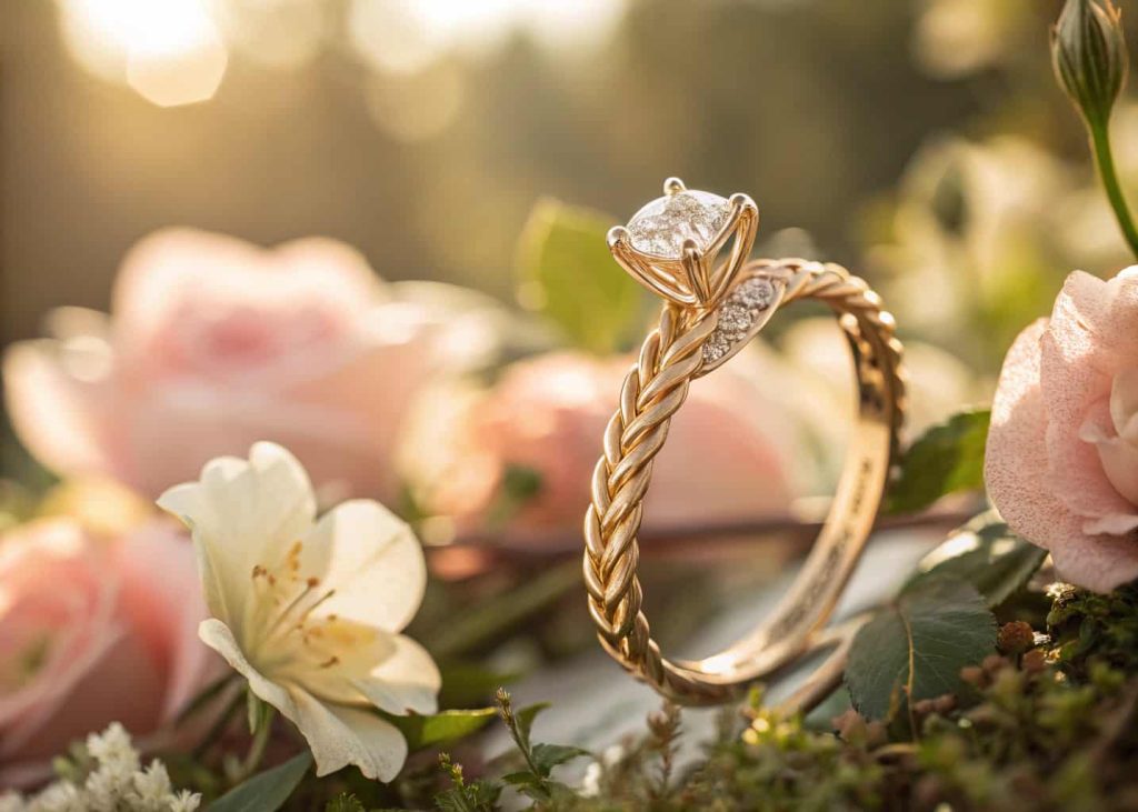 A romantic twisted band engagement ring with a round diamond solitaire in soft natural garden lighting