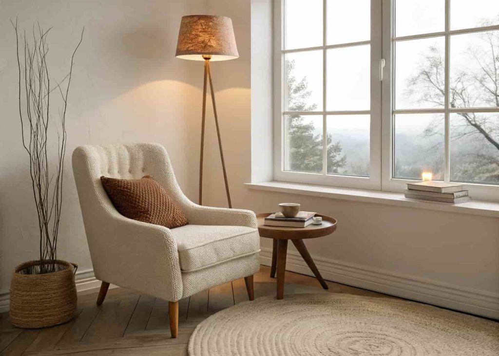 A cozy reading nook inside a minimalist living room — a boucle armchair by a large window, a small wooden side table with a cup of tea, a soft floor lamp, warm afternoon light, neutral colors — calm and inviting home interior.