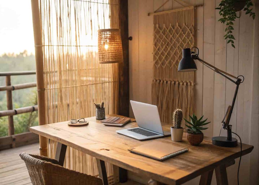 Natural bamboo beaded curtain serving as a warm textured backdrop for a boho home office workspace.