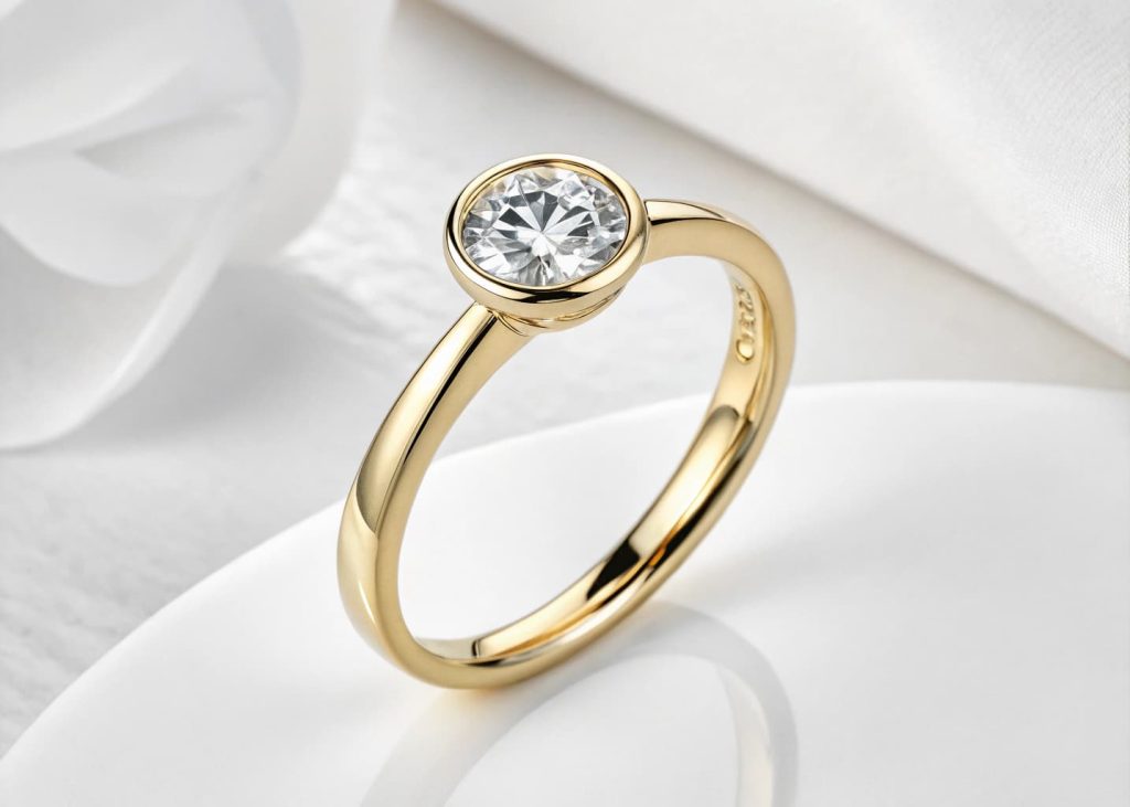 A sleek bezel set round diamond engagement ring on a polished gold band with a minimalist modern aesthetic