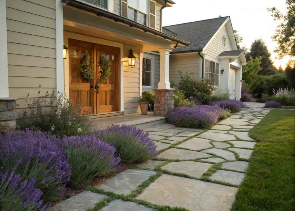 Charming stone front walkway lined with lavender flowers leading to a wooden front door