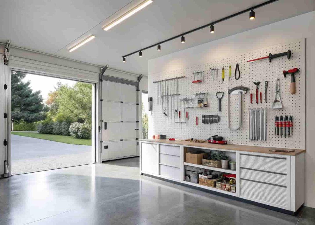 Organized garage wall with pegboard holding hand tools and wrenches in a clean, well-lit space