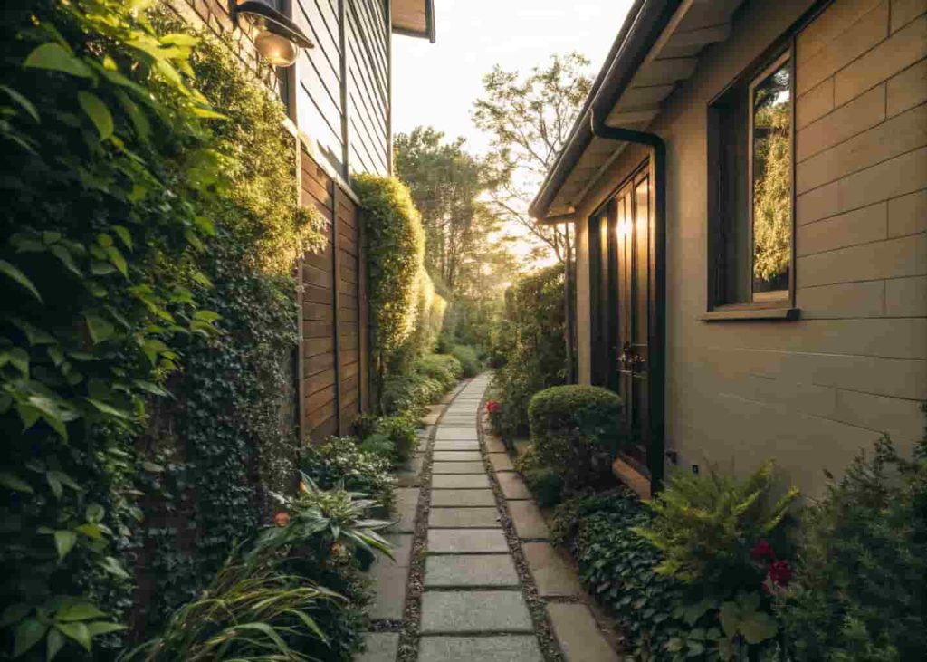 Narrow side house walkway with stone pavers and green plants on both sides
