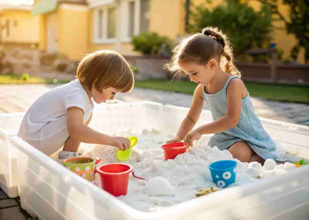 Preschoolers playing with cloud dough sensory bin during summer outdoor activity