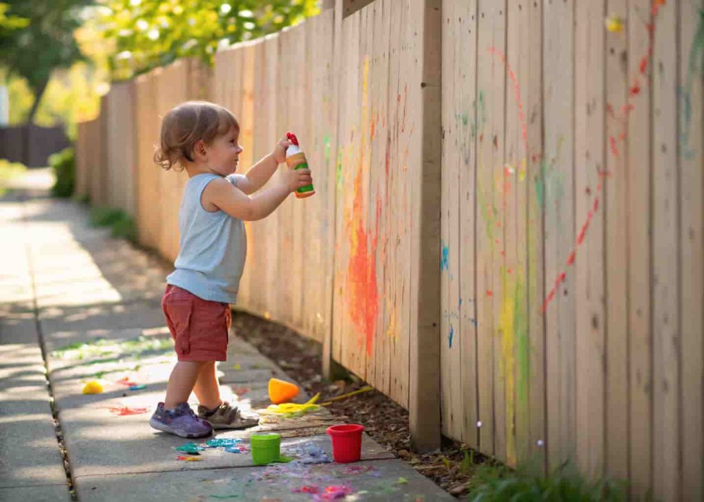 Toddler squirt bottle painting on fence as summer fine motor activity