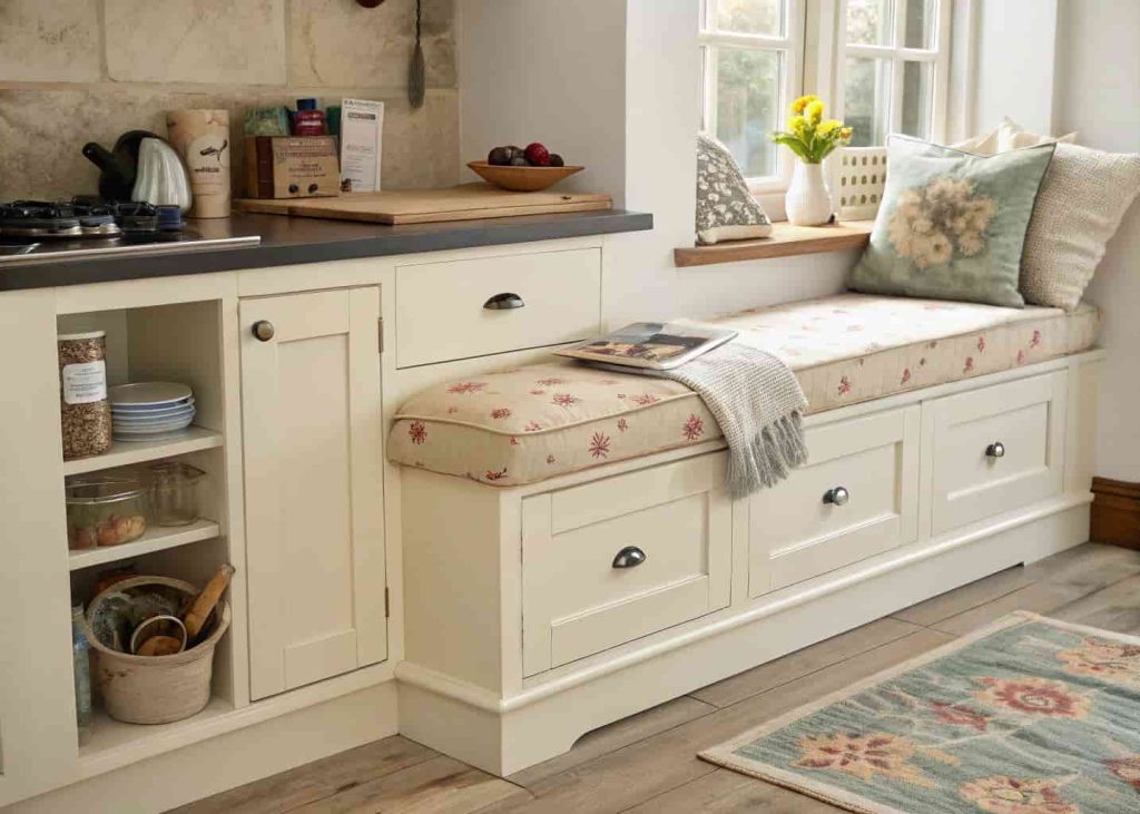 Built-in vintage bench seating with storage in small kitchen nook