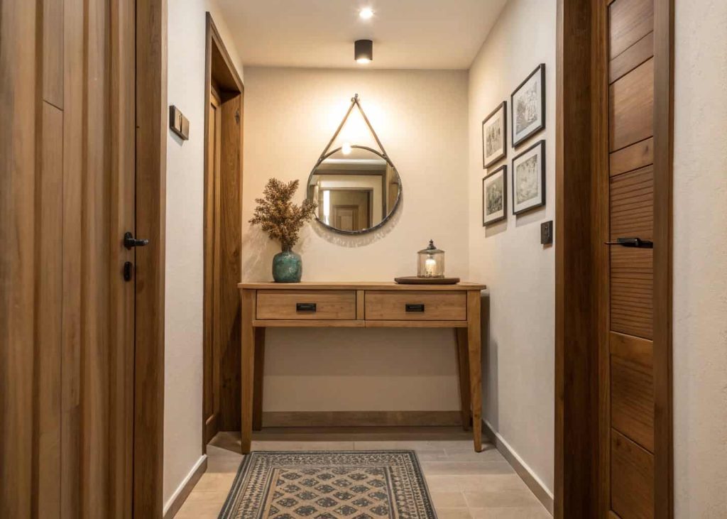 A narrow hallway with a thin wooden console table with drawers against the wall, a small mirror hanging above it