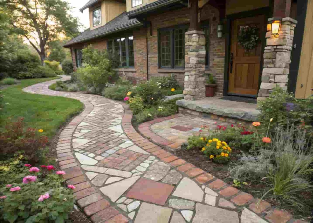 Reclaimed brick recycled material front walkway with garden border plants in a rustic yard