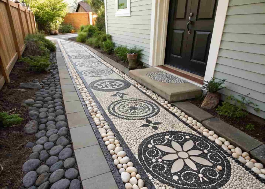 Black and white pebble mosaic walkway along a side house yard with decorative border plants