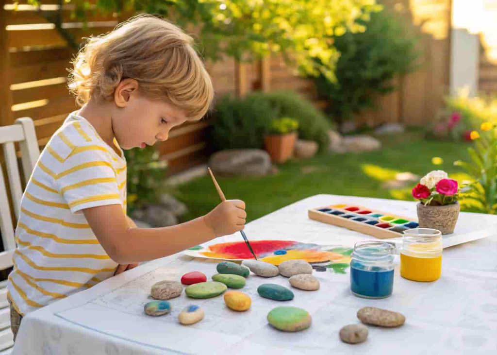 Preschooler painting story stones as a creative summer art and play activity