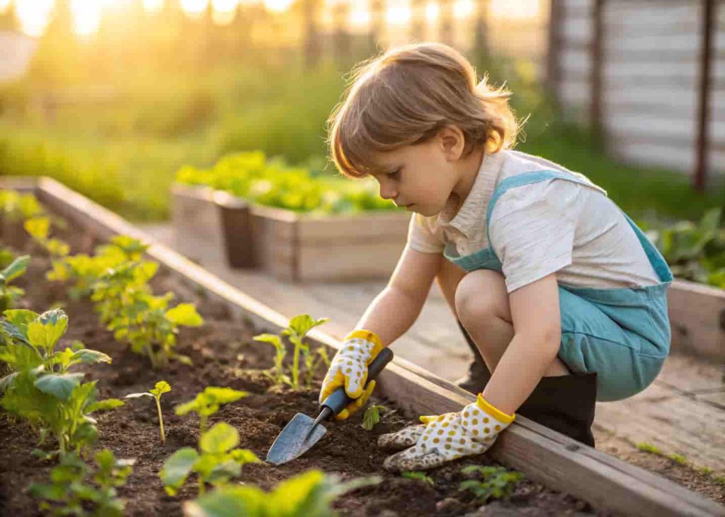 Preschooler gardening with small tools as summer fine motor learning activity