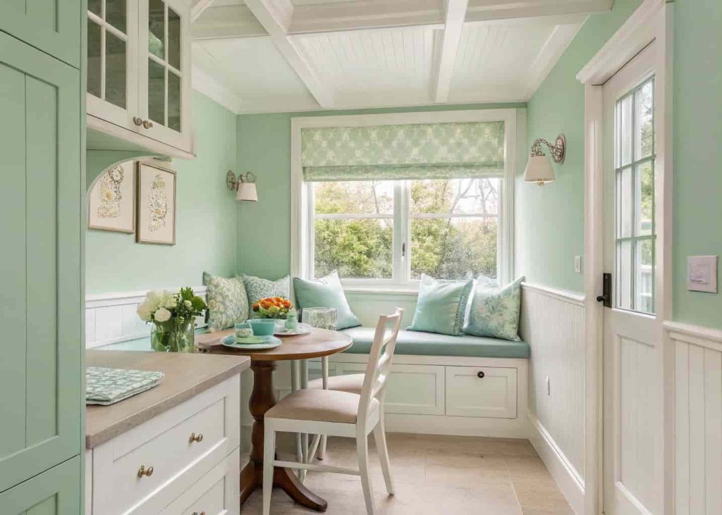 Soft pastel color palette in small vintage breakfast nook