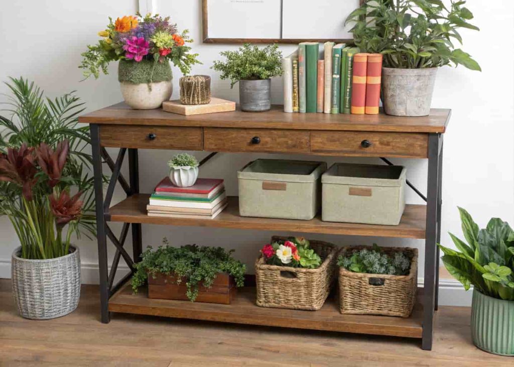 Console table with adjustable shelving for flexible apartment storage