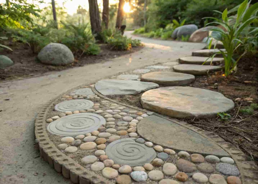 DIY stepping stone made from smooth river rocks and pebbles arranged in a spiral pattern set in a garden.