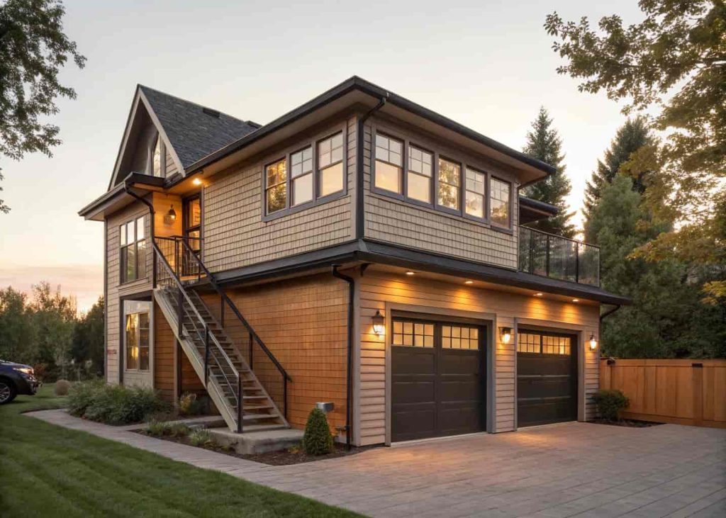 A two-story detached garage with a living space upstairs, large windows, and an exterior wooden staircase leading to the second floor