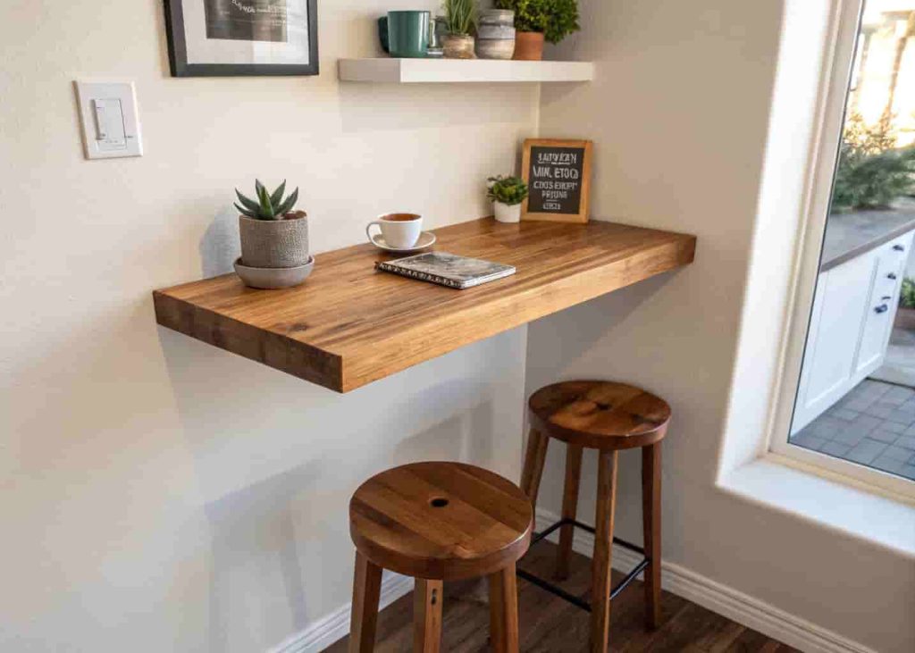 Space-saving DIY floating shelf breakfast nook with butcher block table and wooden stool in a small kitchen