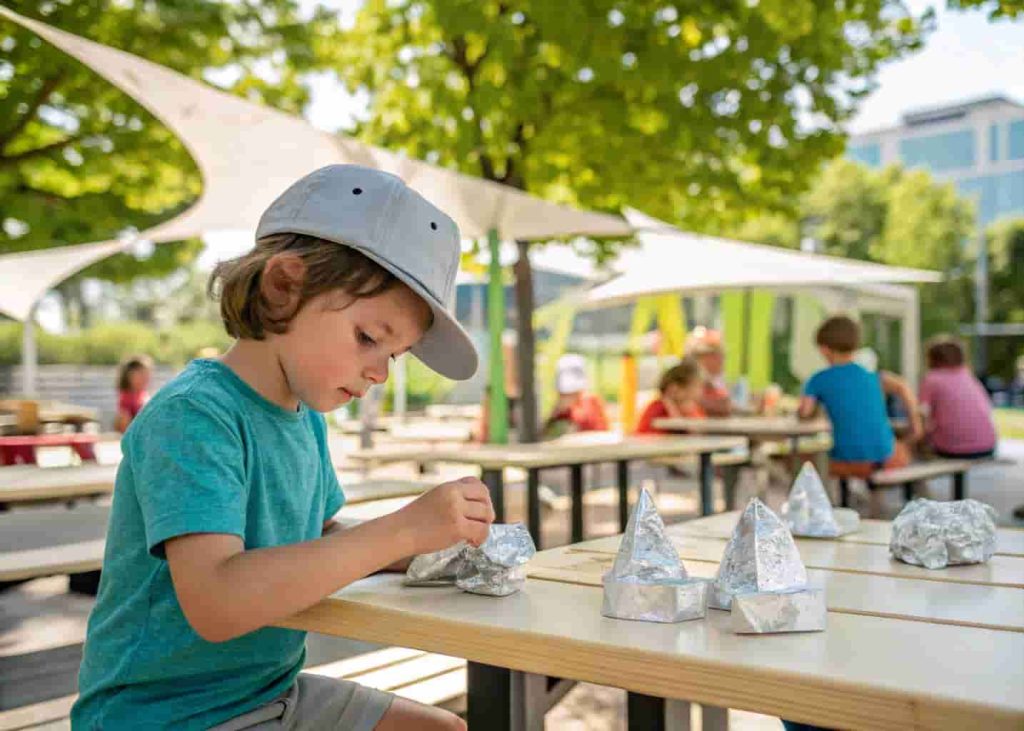 Preschooler making tin foil sculptures as a creative summer activity