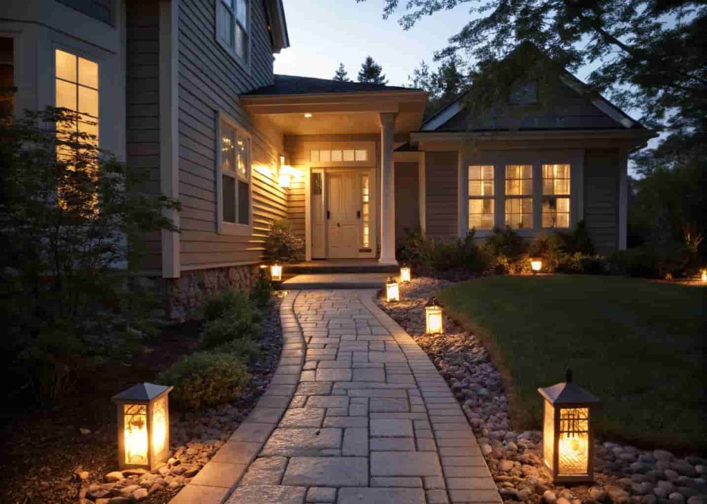 Illuminated front walkway with warm solar path lights glowing at dusk leading to a front door