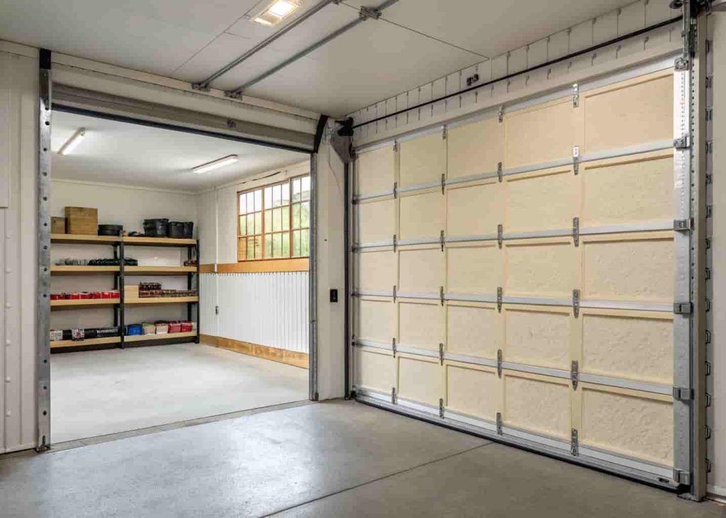 Inside view of a garage door with foam insulation panels installed in each door panel section