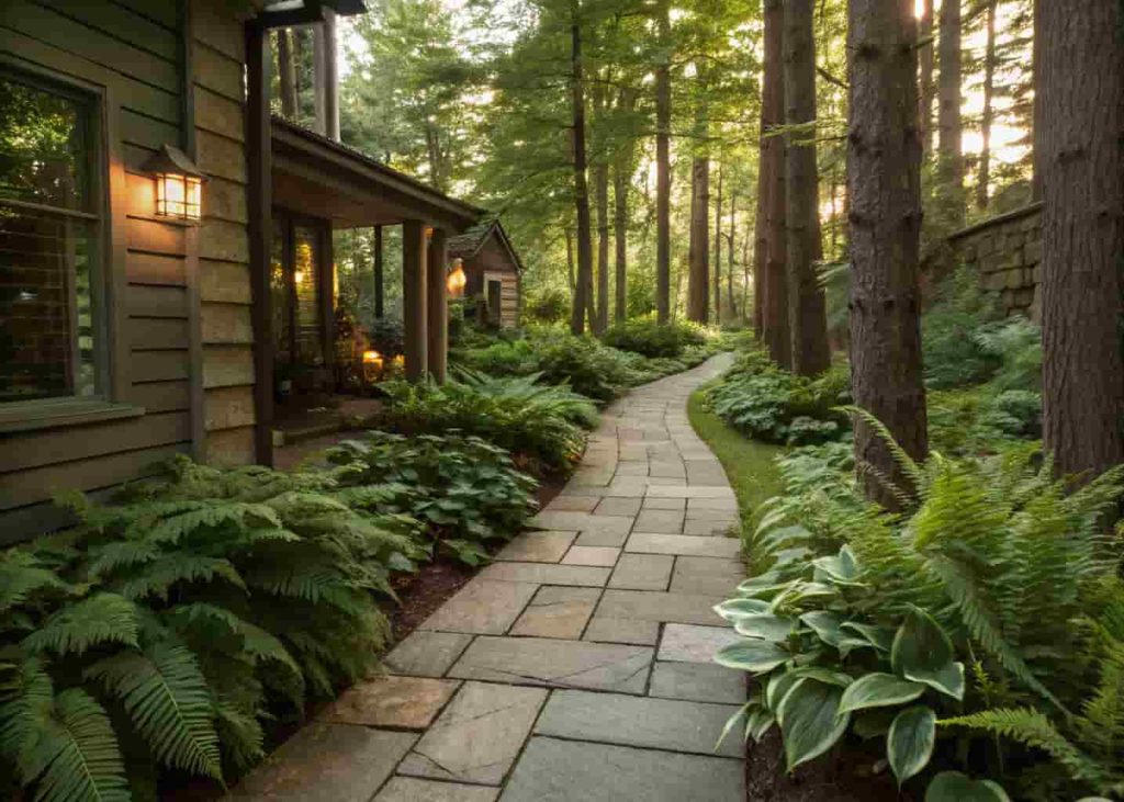 Shaded side yard walkway with fern and hosta borders alongside stone pavers