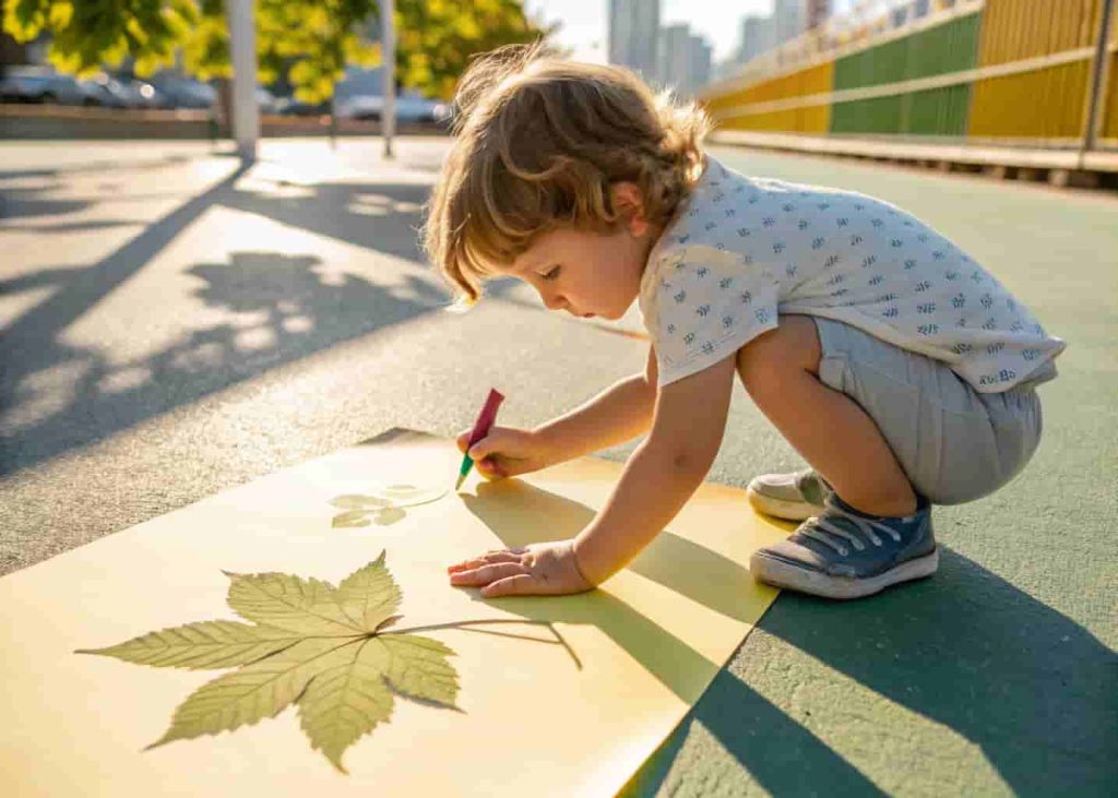 Preschooler tracing shadow shapes outdoors as a creative summer science art activity