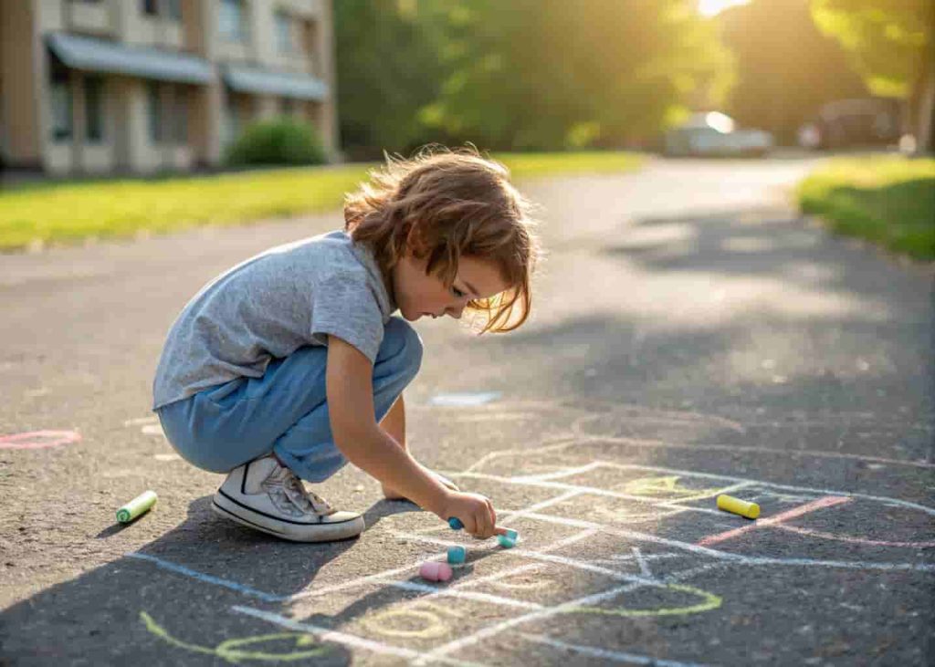 Preschooler tracing chalk maze on driveway as summer fine motor practice