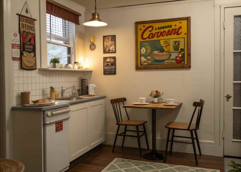 Vintage enamel tin sign decor in small kitchen nook