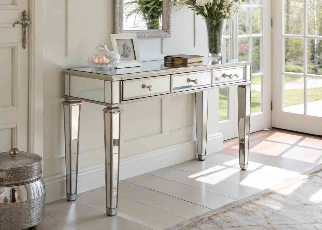Mirrored console table with storage drawers brightening a small apartment