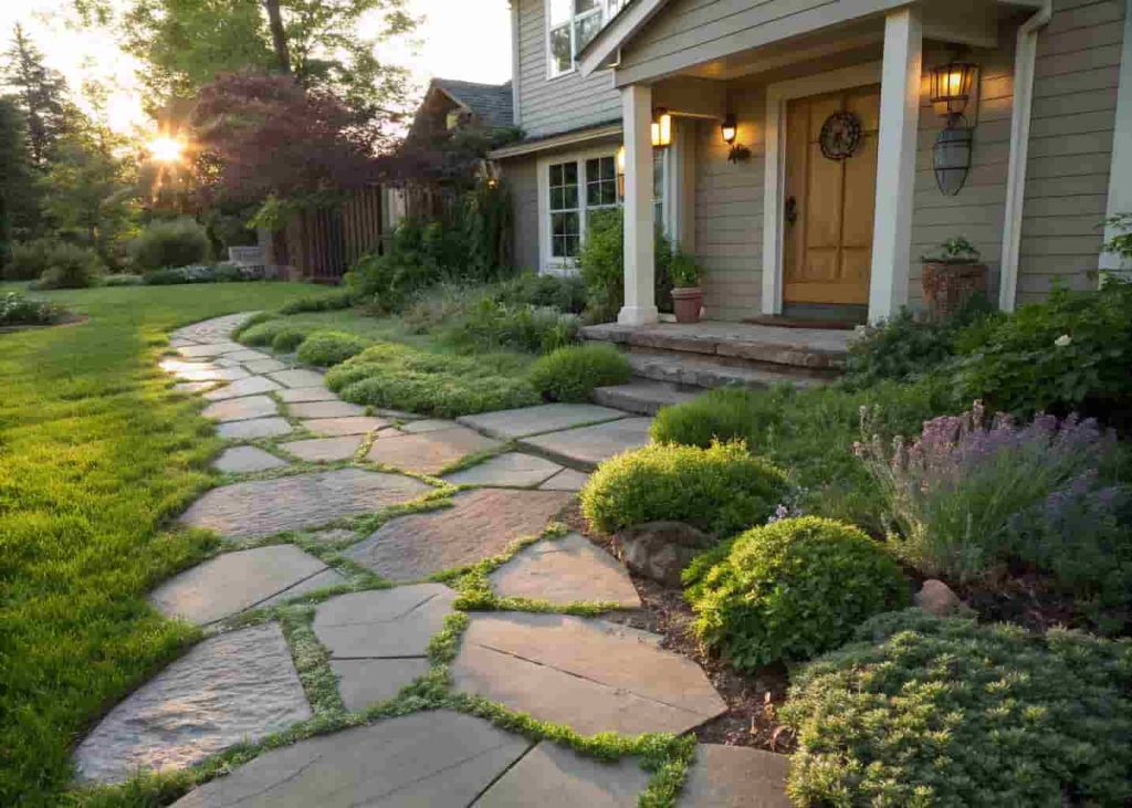 Flagstone walkway with creeping thyme ground cover leading to a front door