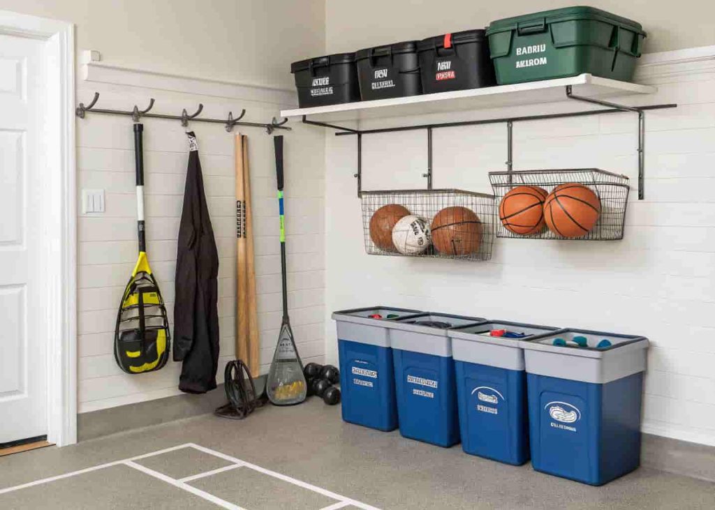 Garage sports equipment station with ball rack, wall hooks for bats and rackets, and labeled bins on shelving