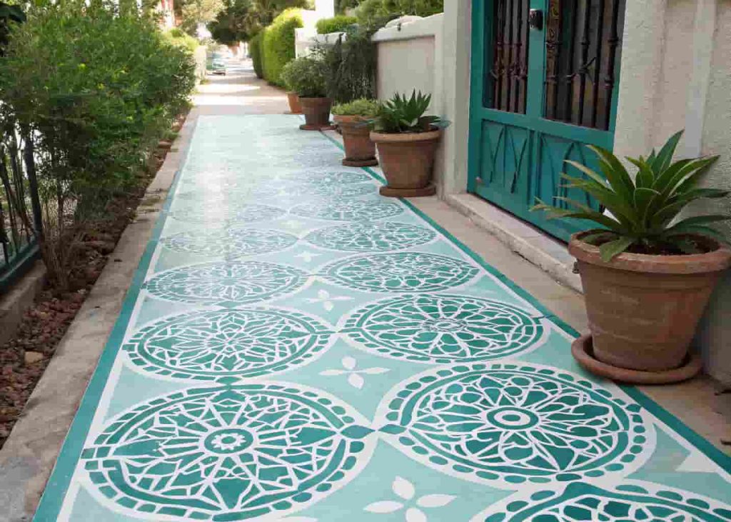 Stenciled Moroccan pattern painted concrete side house walkway with potted plants