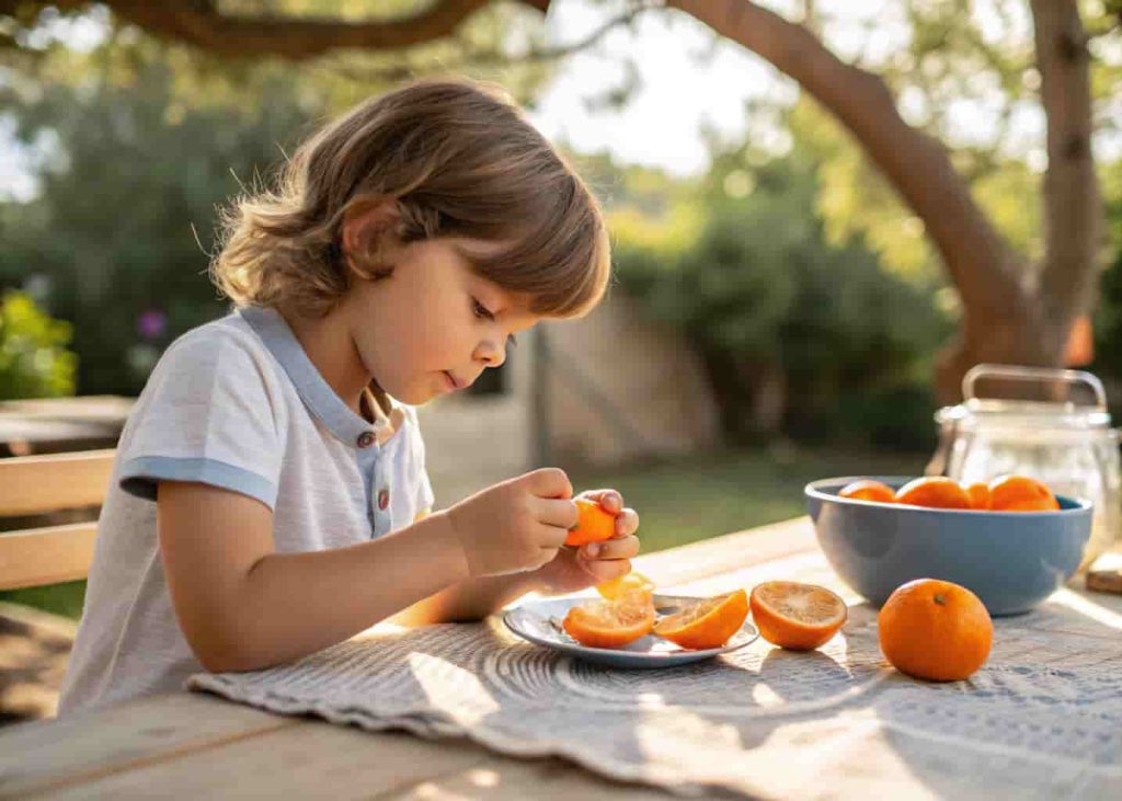 Preschooler peeling a clementine independently as summer fine motor development activity
