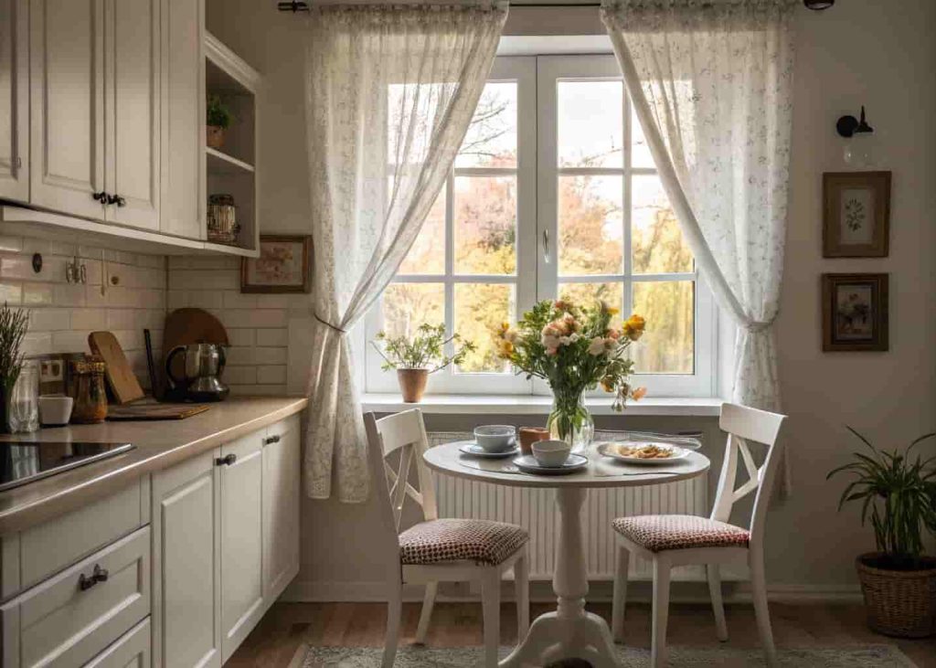 Café-style curtains on kitchen window above small breakfast nook