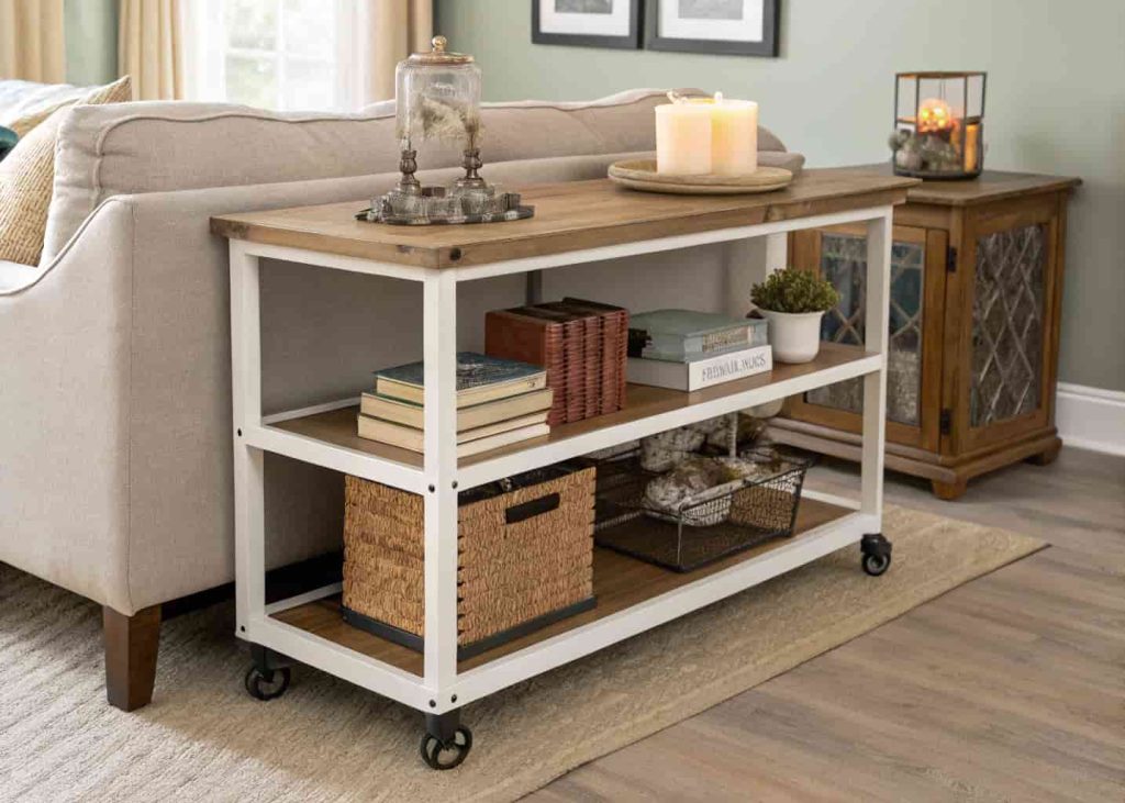Console table on wheels with storage for flexible apartment use