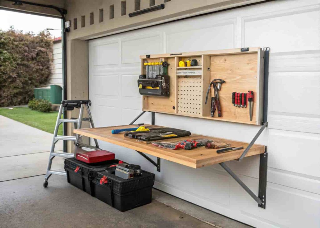 Wall-mounted folding workbench in open position with tools on surface mounted to clean painted garage wall