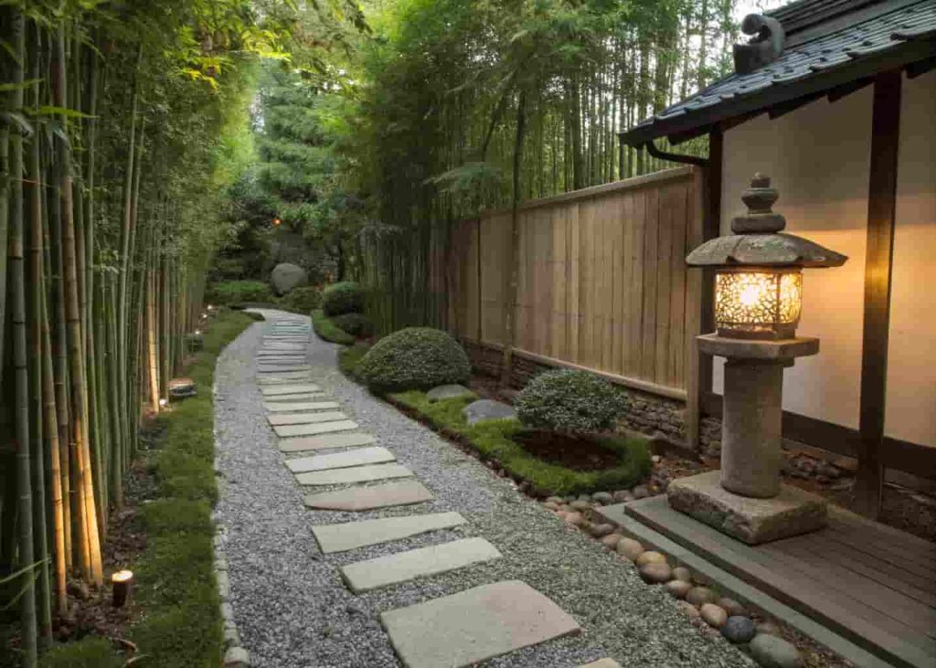 Japanese Zen gravel side house walkway with bamboo accents and stone lantern