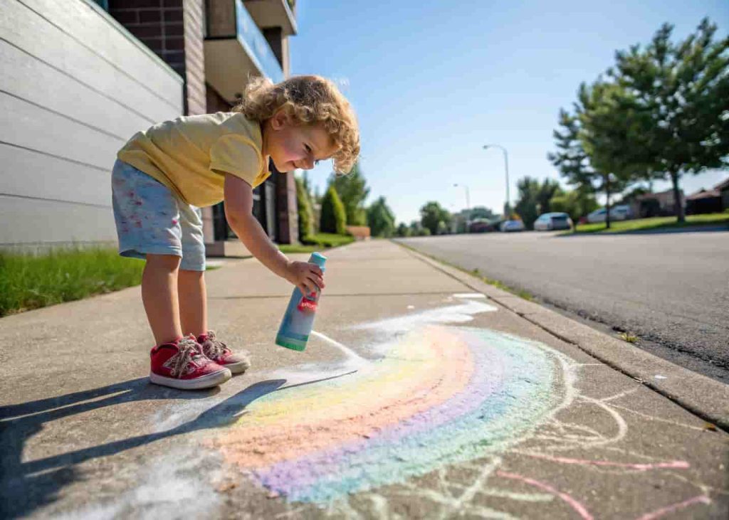 Preschooler doing fizzing sidewalk paint science art activity on a summer day