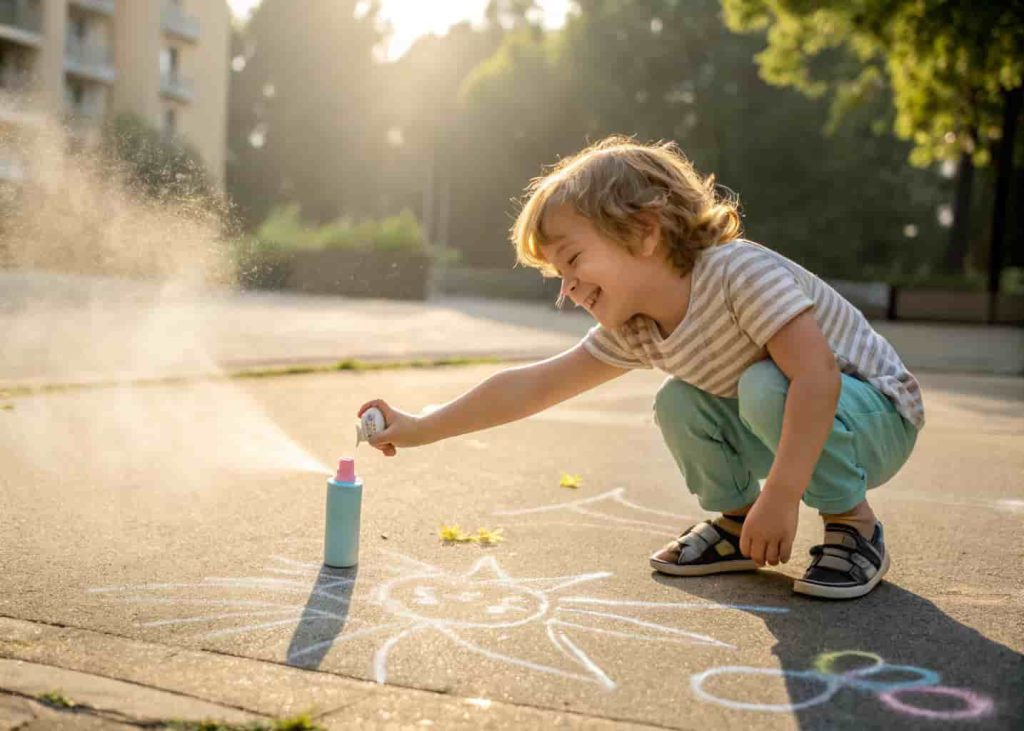 Preschooler using spray bottle outside as summer fine motor skill builder