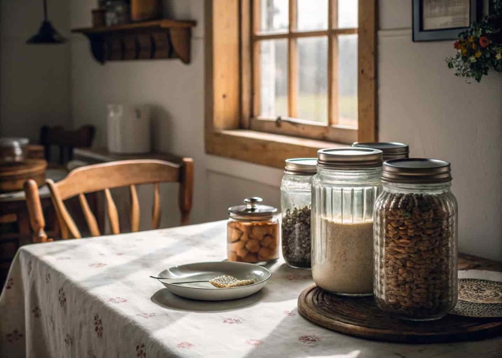 Vintage glass jars on small kitchen breakfast nook table