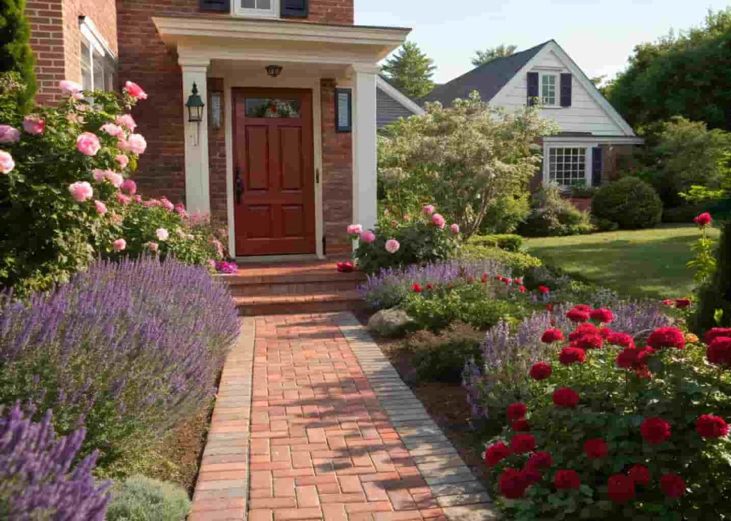 Classic brick front walkway lined with lavender and flowering plants leading to a home's entrance