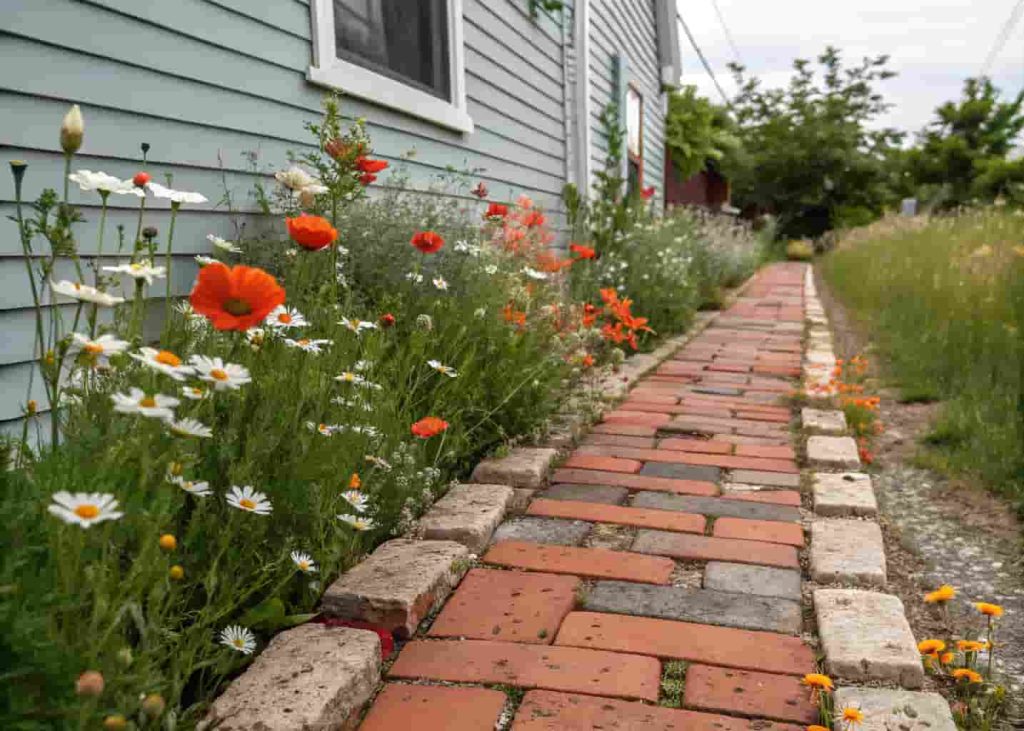 Recycled brick side house walkway with wildflower borders in bloom