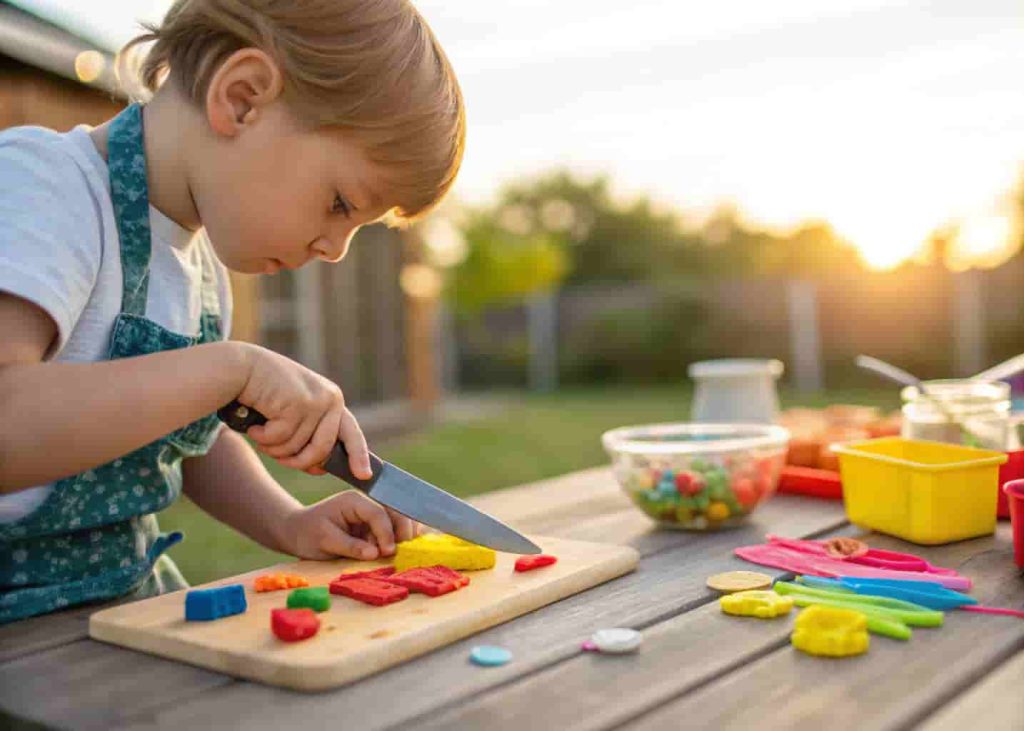 Preschooler cutting playdough with plastic knife as summer fine motor activity
