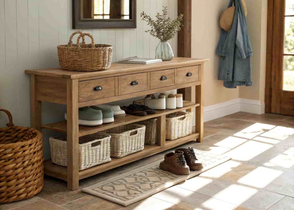A cozy entryway with a wooden console table, woven baskets underneath, and a pair of shoes tucked inside
