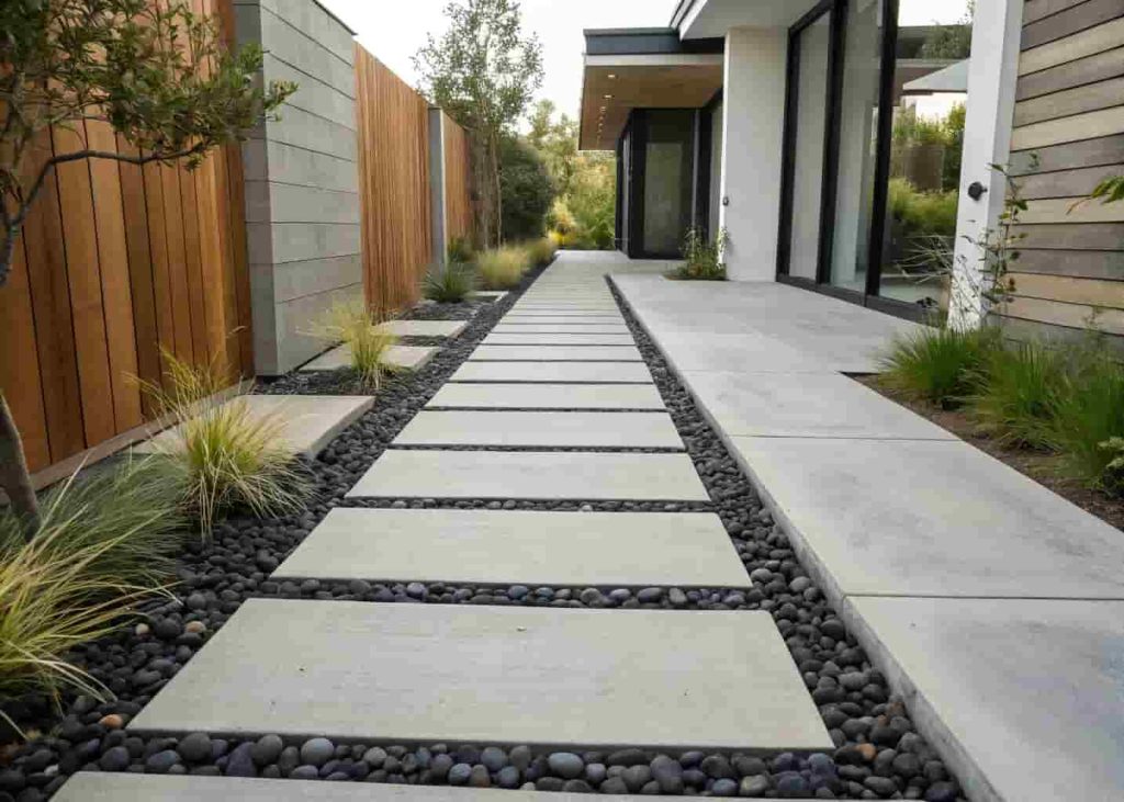 Modern concrete plank side yard walkway with pebble strips and architectural border plants