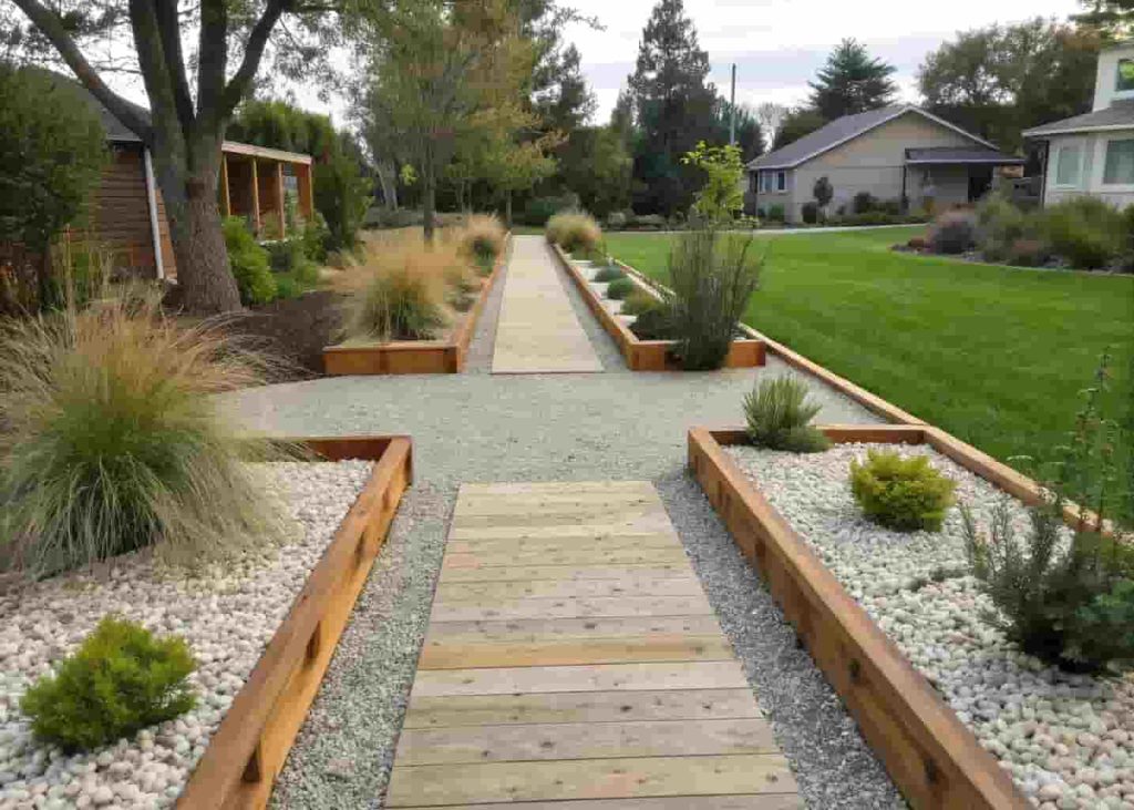 Gravel front door walkway with wooden edging and ornamental grass landscaping