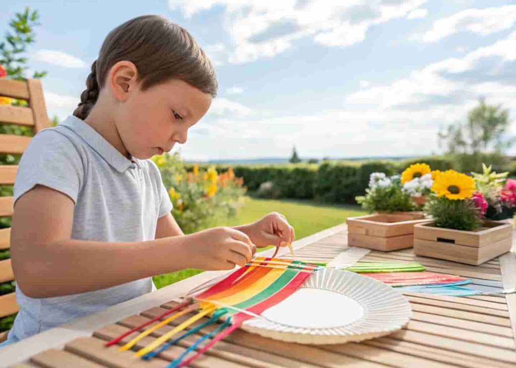 Preschooler weaving colorful paper strips on plate loom as summer fine motor craft