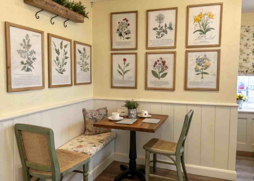 Framed vintage prints on wall near small breakfast nook