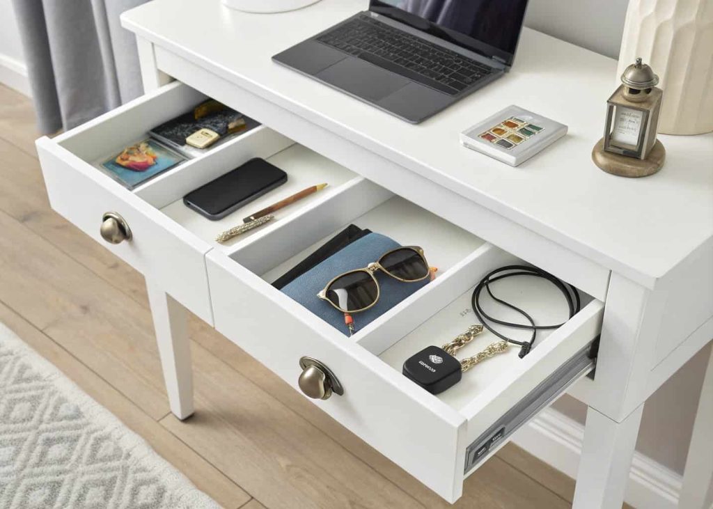 Console table drawers used to store keys and small entryway items